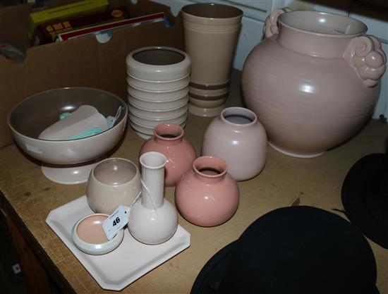 Poole Pottery pink ground large vase with moulded handles and various Poole pink and bown-glazed wares(-)